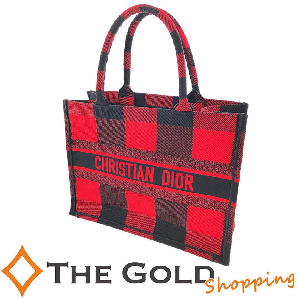 Christian Dior Book Tote Check Canvas Handbag Bag The Shopping Red Gold